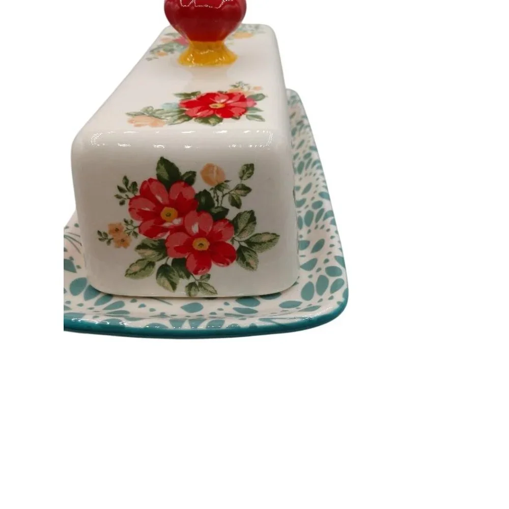 Whimsical Floral Ceramic Pioneer Woman Butter Dish W/Lid & Tray 